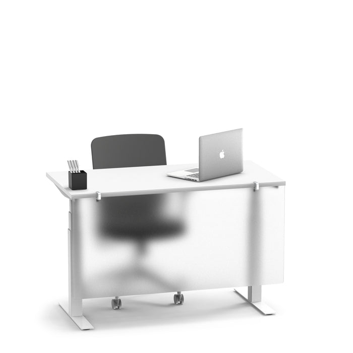 Modern office desk with chair, laptop, and stationery items on white background. (45&quot;)