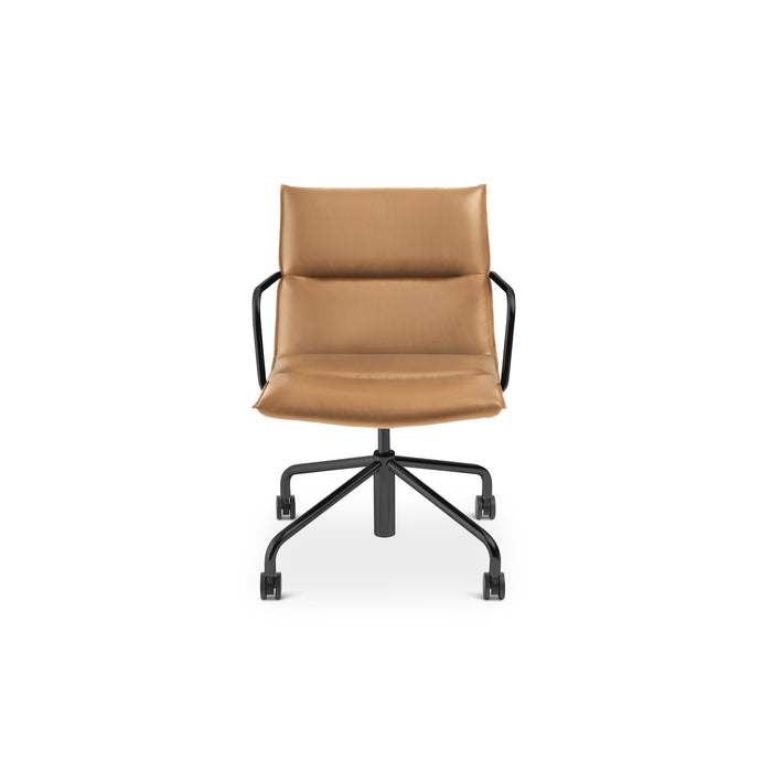 Modern brown leather office chair with black armrests isolated on white background. (Tan-Black)