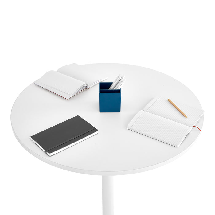 Modern white office table with supplies: notebook, pens, phone, and holder. (White-Charcoal)(White-White)