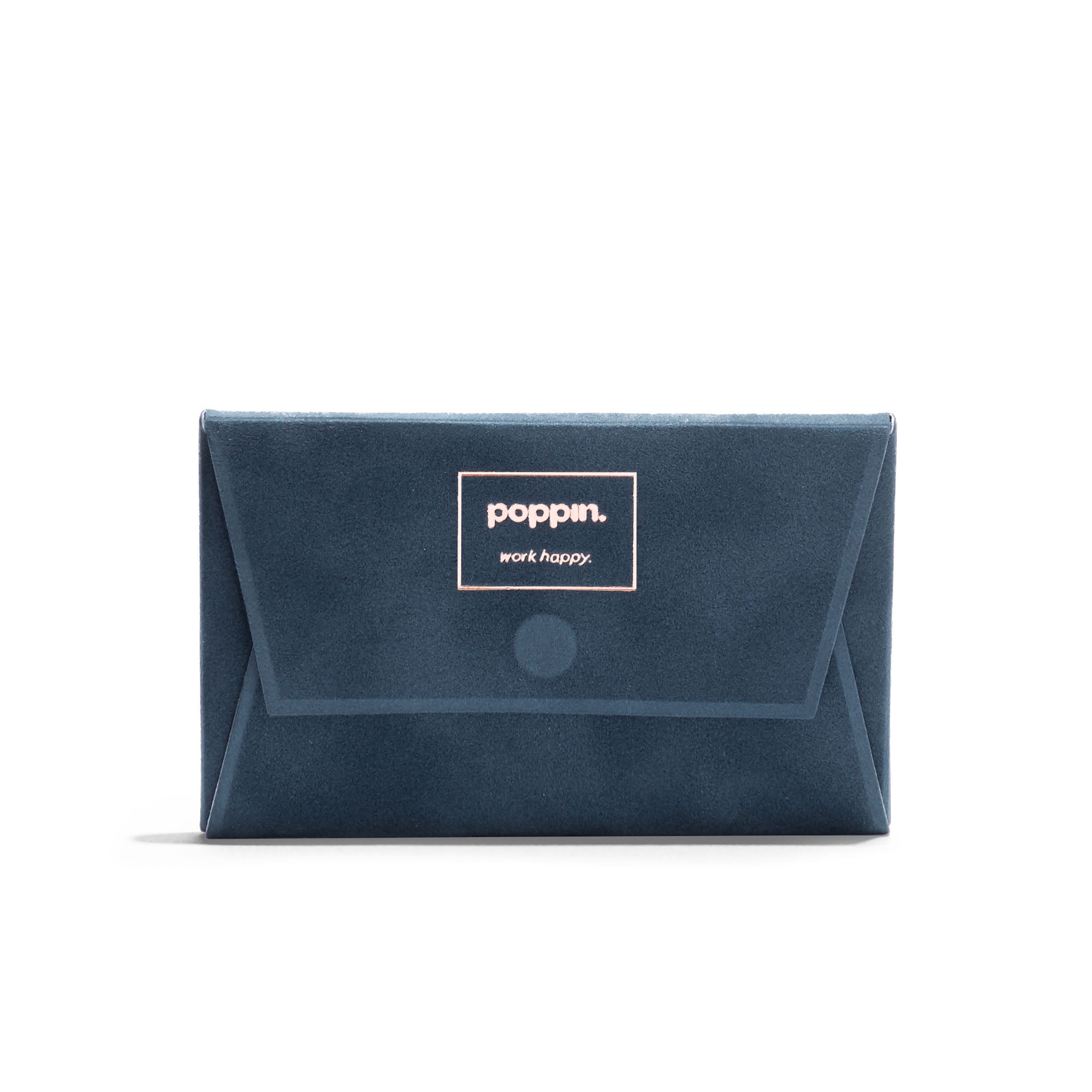 Blue envelope with 'poppi. work happy' logo on white background. (Storm)