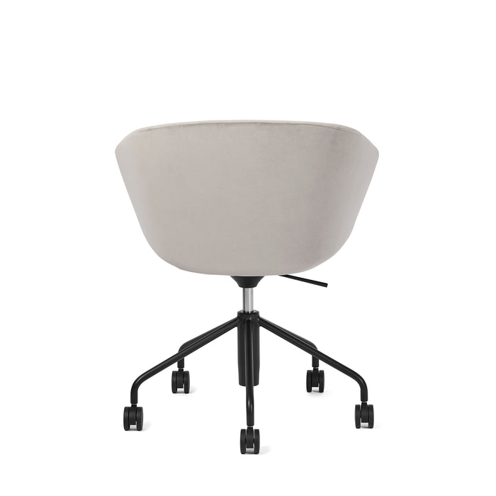 Modern light grey office chair with black wheeled base on white background. (Gray)