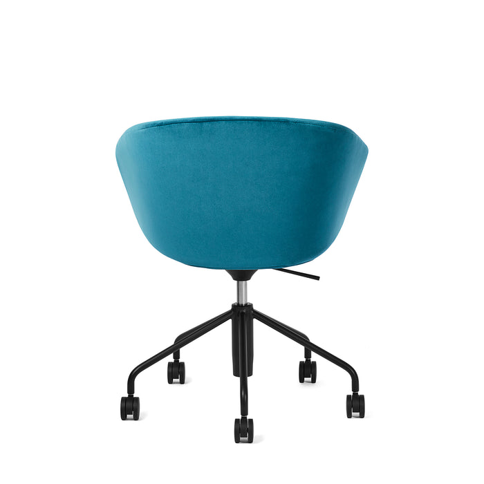 Modern blue office chair with wheels against a white background. (Teal)