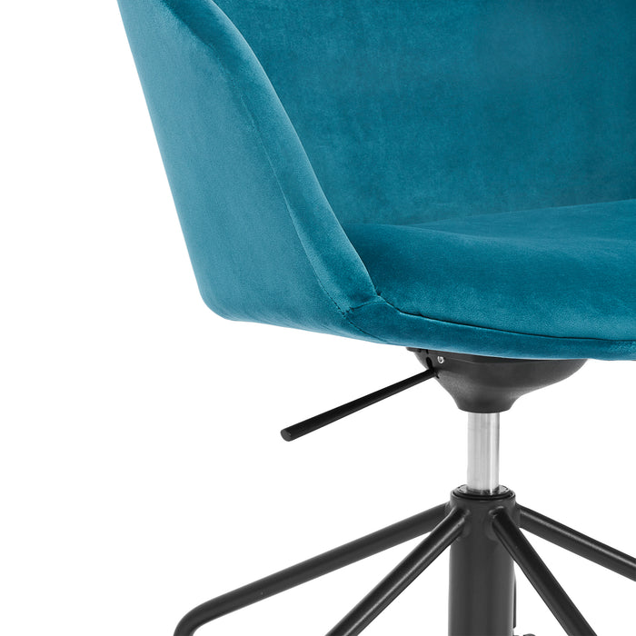 Blue velvet office chair with a black metal base on a white background. (Teal)