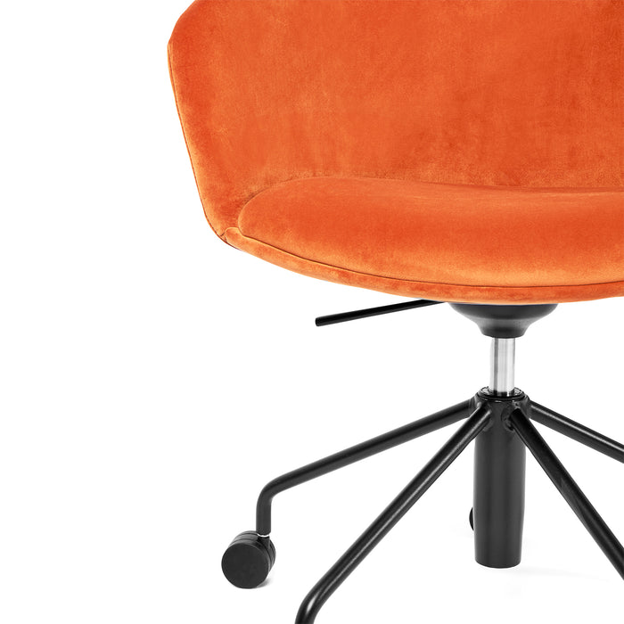 Modern orange velvet office chair with black metal base on a white background. (Terracotta)