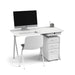 Modern minimalist office desk with computer, chair, and storage on white background. (White)