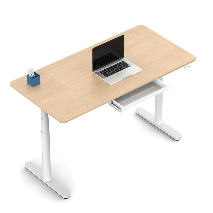 Adjustable height desk with laptop and notebook on white background. (White)