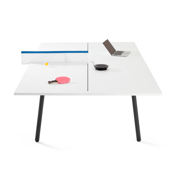 Modern multi-functional desk with laptop and ping-pong accessories on a white background. (Slate Blue)