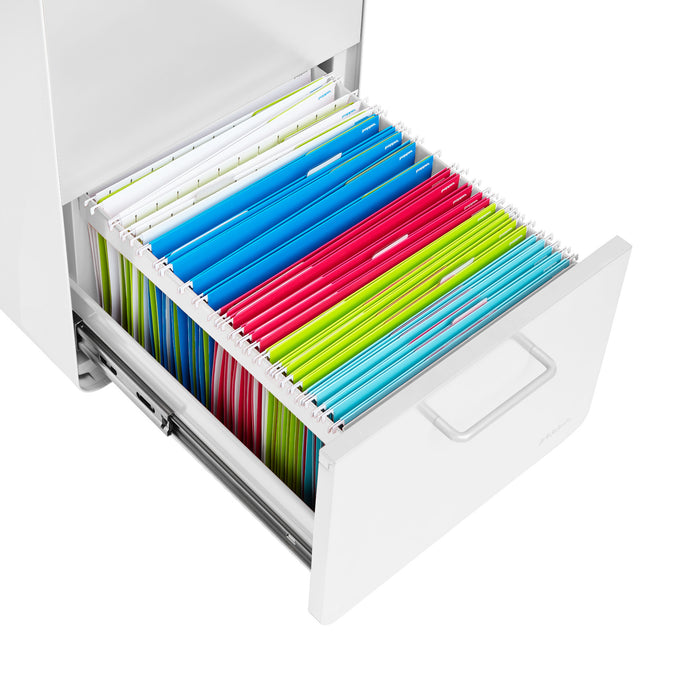 Open filing cabinet drawer with colorful folders sorted neatly (White)