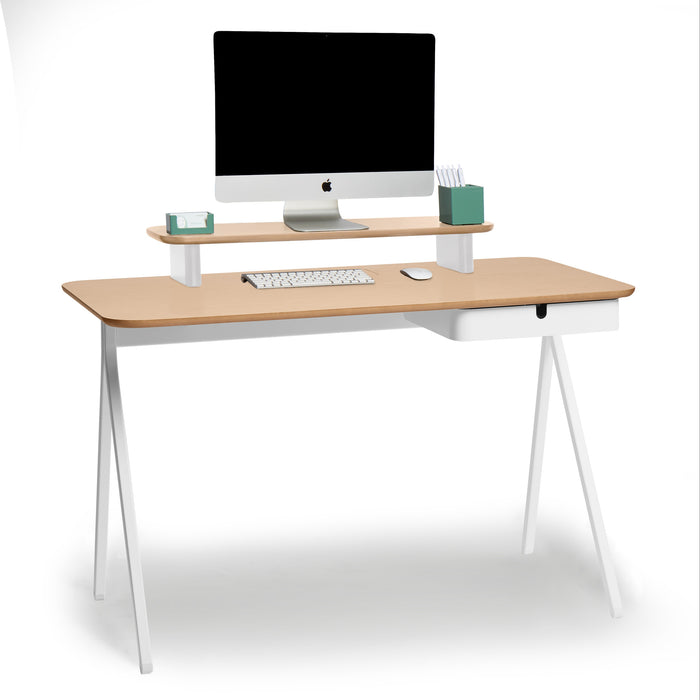 Modern minimalist office desk with desktop computer and accessories. (Natural Oak)
