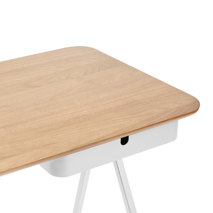 Modern minimalist oak desk with white legs isolated on a white background. (Natural Oak)