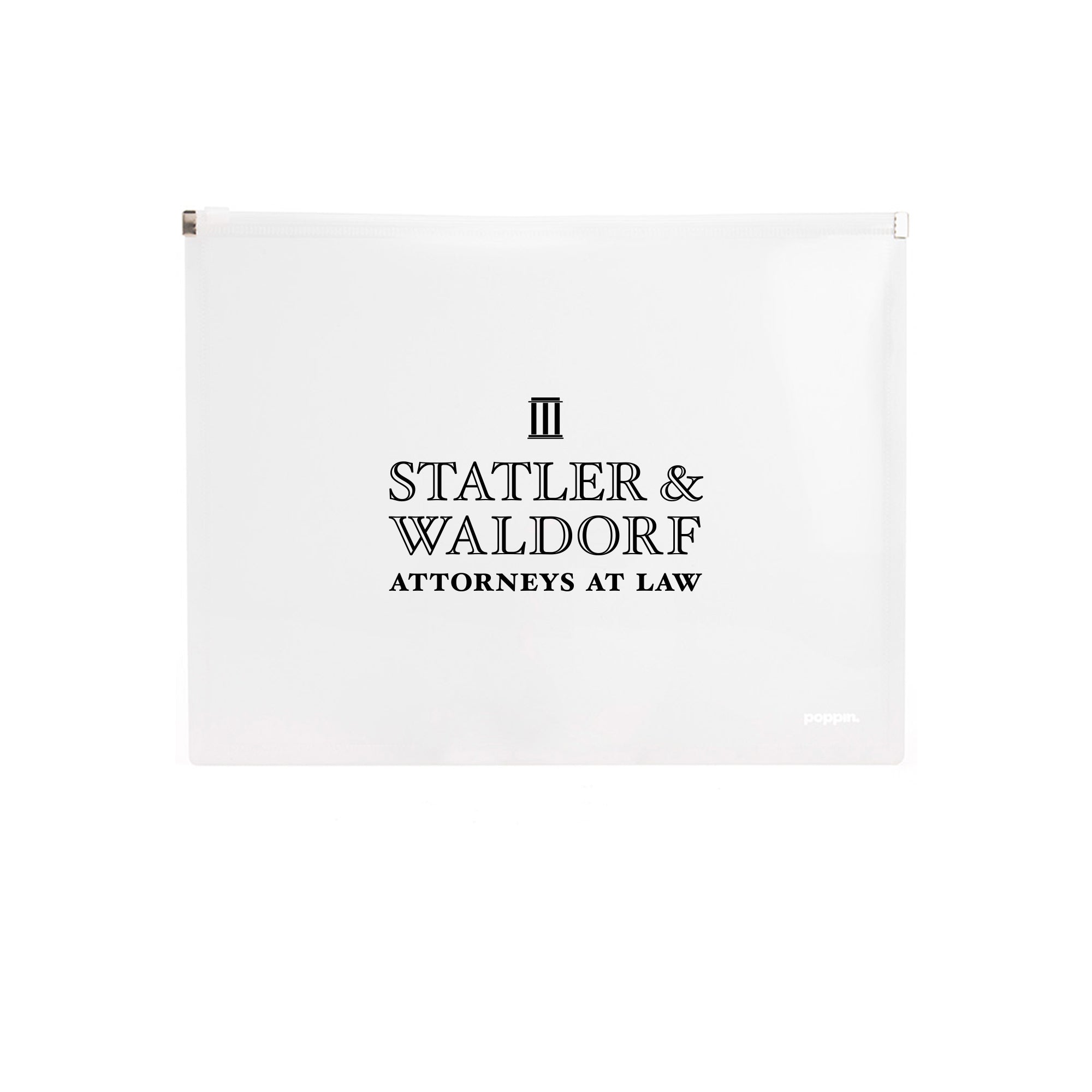 Clear hanging file folder with "Statler & Waldorf Attorneys at Law" printed on it. (White)
