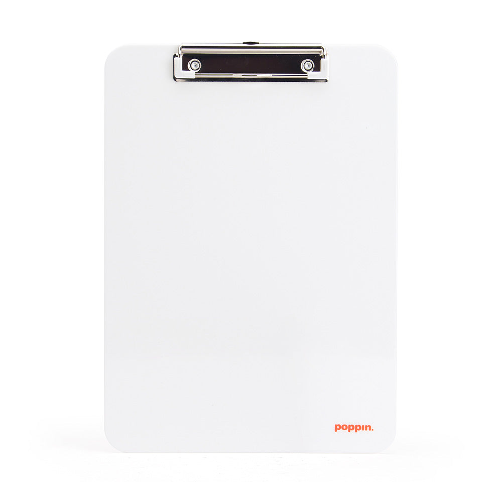 White acrylic clipboard with metal clip on a white background. (White)