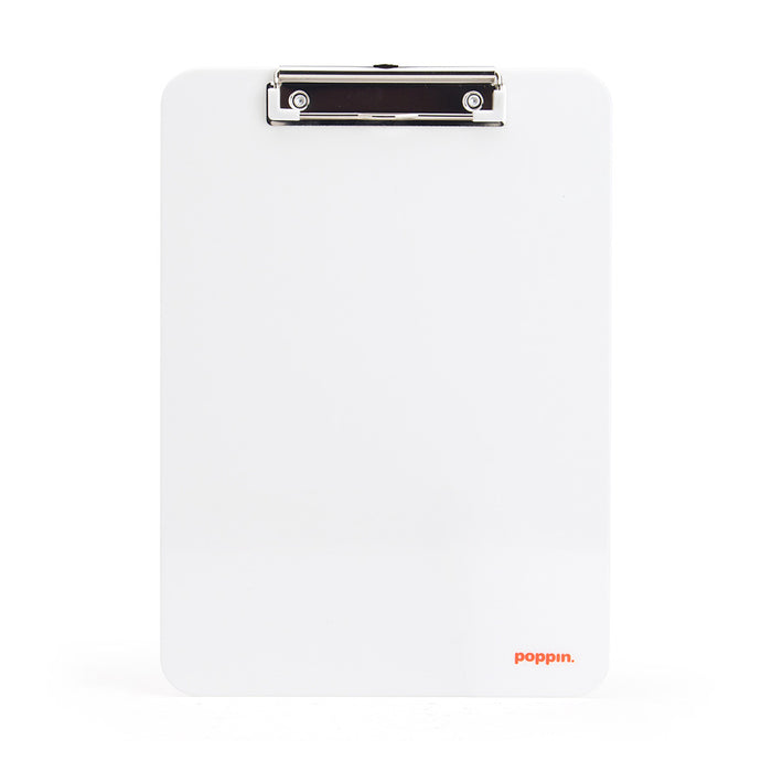 White clipboard with metal clip on plain background. (White)