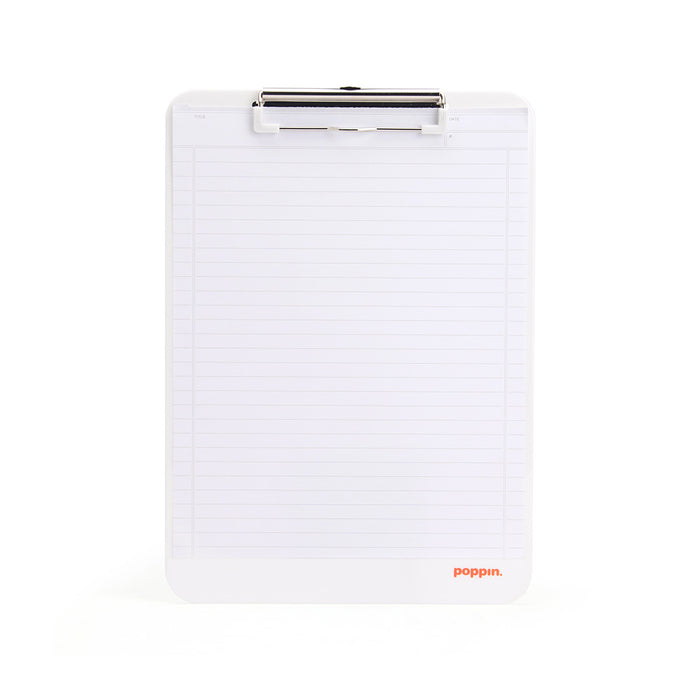 White clipboard with blank lined paper on a white background. (White)