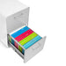 Open white filing cabinet with colorful folders organized inside. (Light Gray-White)