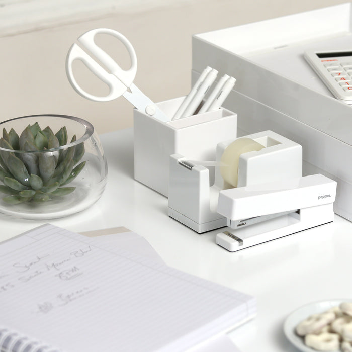 Modern white office supplies on desk with succulent and notepad (White)