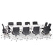 Modern black office chairs around a white conference table on a white background. (Dark Gray)