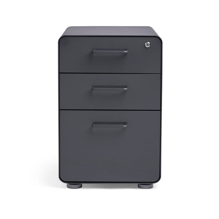 Modern black office filing cabinet with three drawers on a white background. (Charcoal-Charcoal)