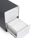 Filing cabinet with open drawer full of hanging files on white background. (White-Charcoal)