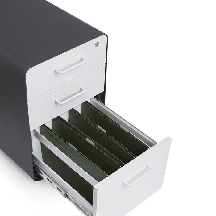 Black file cabinet with open drawer and hanging files on white background. (White-Charcoal)