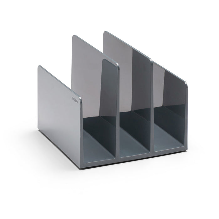 Silver metal desktop organizer with three sections on white background (Dark Gray)