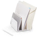 White desktop file organizer with documents and pen on a clean background. (White)