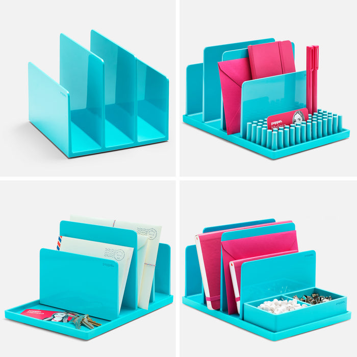Four different setups of a turquoise desk organizer holding office supplies. (White)(Aqua)(Dark Gray)(Blush)