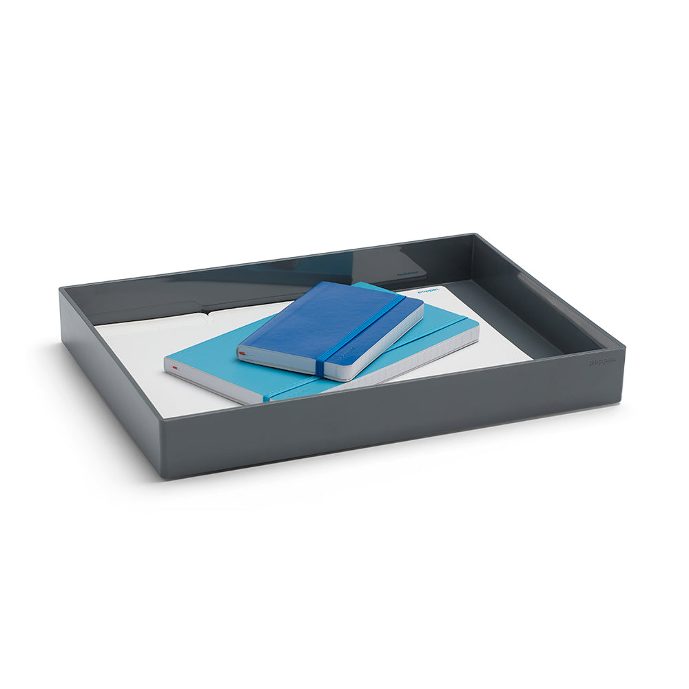Modern gray desk organizer tray with blue notebooks on white background. (Dark Gray)