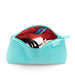 Turquoise Poppin accessory pouch with earphones and office supplies on a white background. (Aqua)