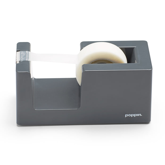 Gray desk tape dispenser with a roll of clear adhesive tape on a white background. (Dark Gray)