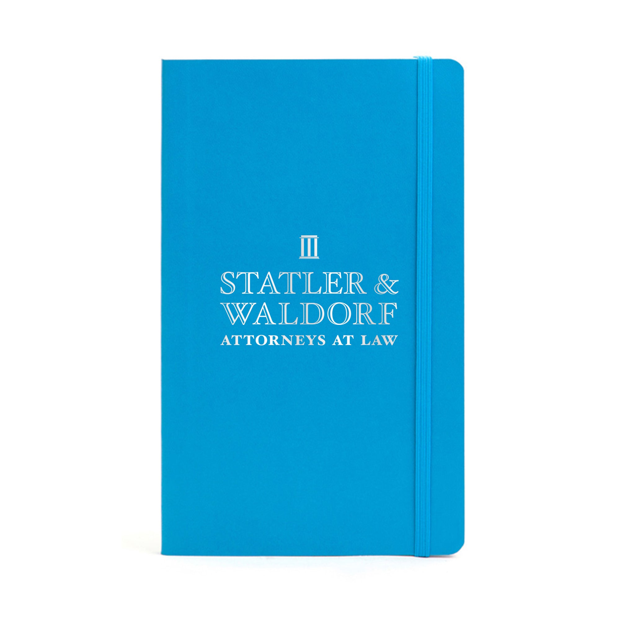 Blue legal notebook with Statler & Waldorf Attorneys at Law logo on cover. (Pool Blue)(Pool Blue-Hero)