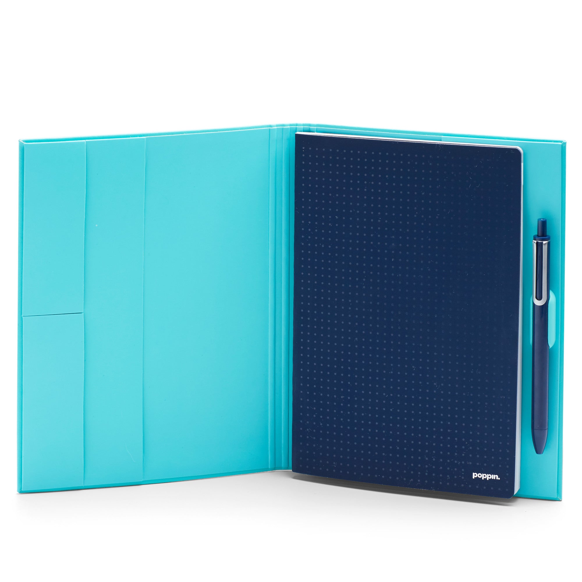 Bright turquoise blank notebook standing upright on a white background. (Aqua)