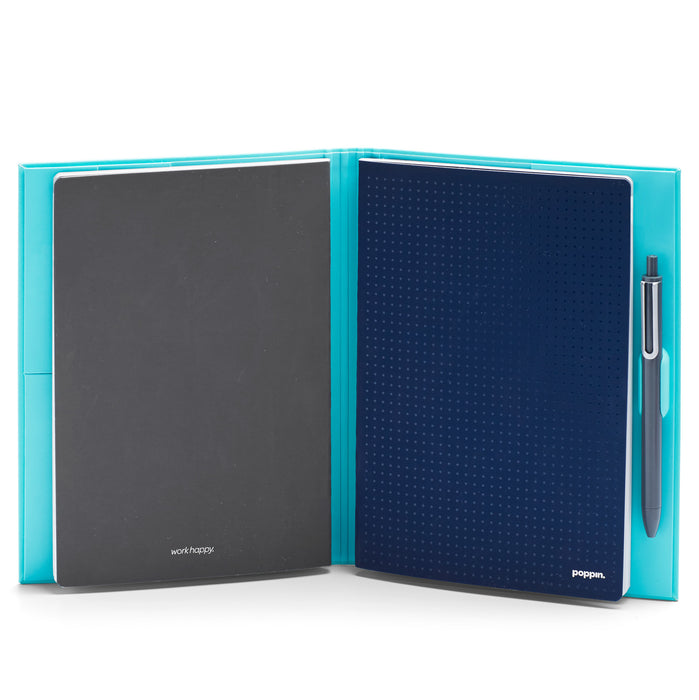 Open blue work notebook with a pen on white background (Aqua)