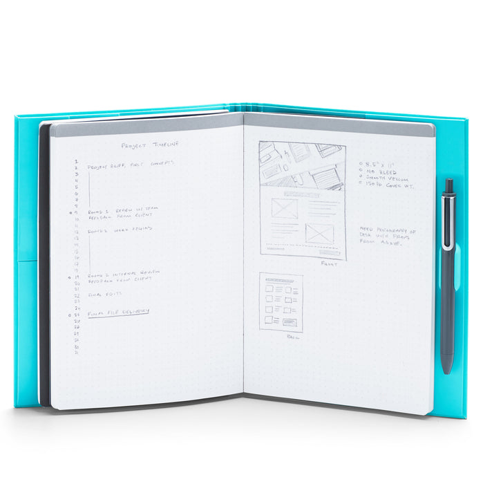 Open notebook with project notes and pen on white background (Aqua)