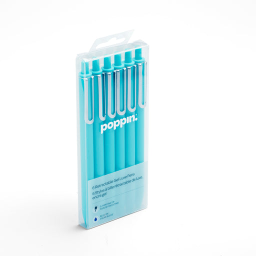 Pack of 6 Poppin blue retractable gel pens in clear packaging on (Aqua-Blue)