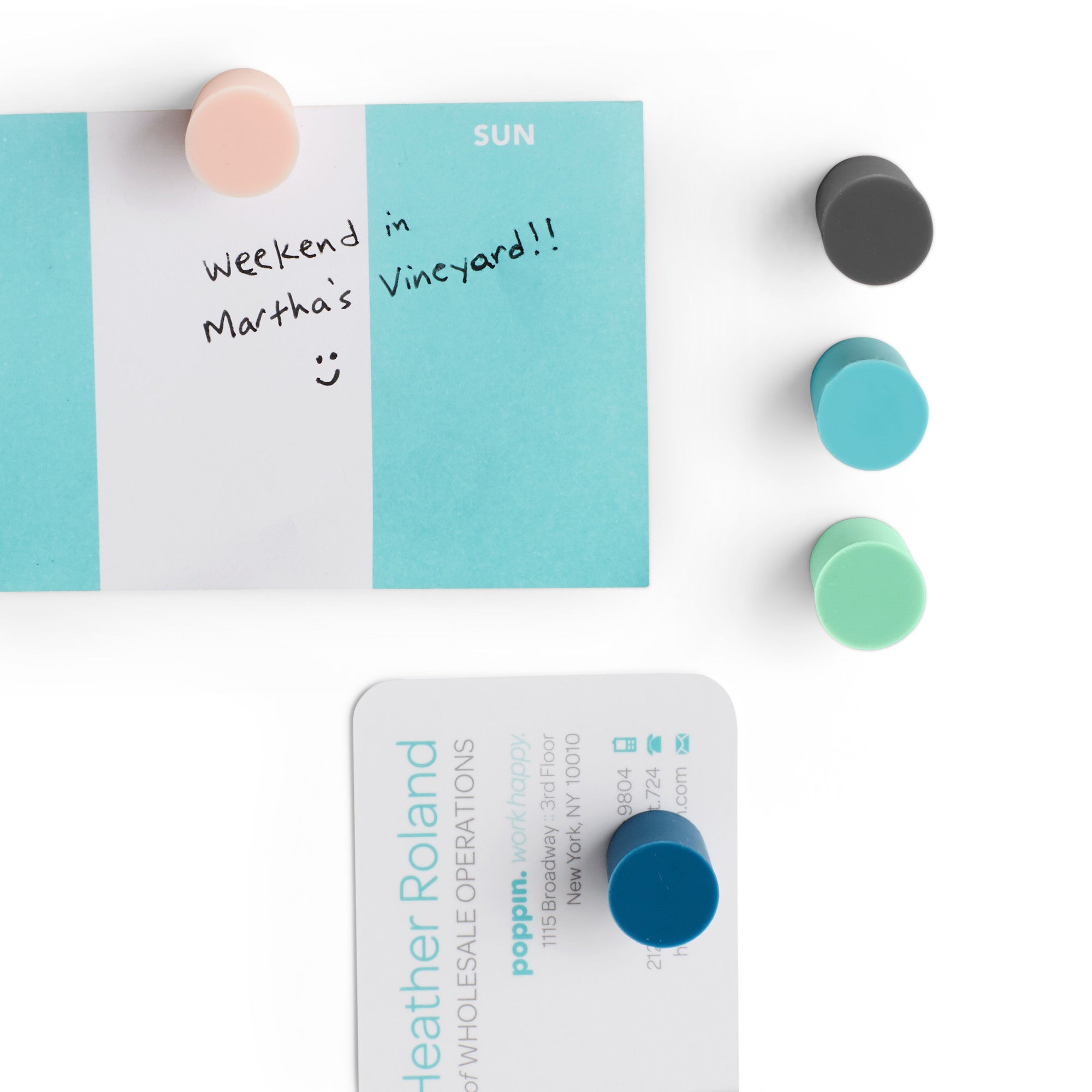 Flat lay of a planner with a note saying 'Martha’s Vineyard!!', colorful push pins, and a credit card. 