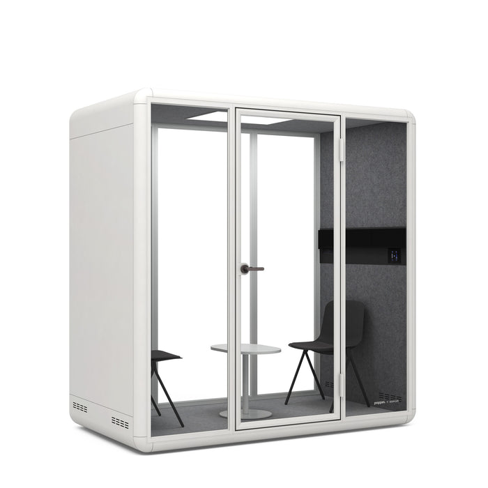 Modern office pod with glass doors, chair, and table on white background. (Black)