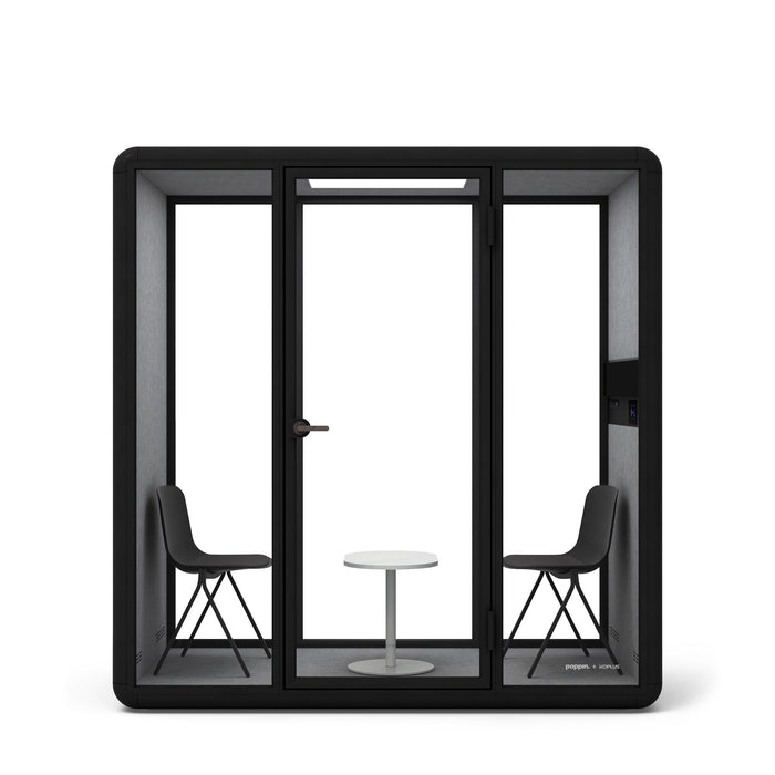 Modern black soundproof office pod with chairs and a table on white background. (Black)