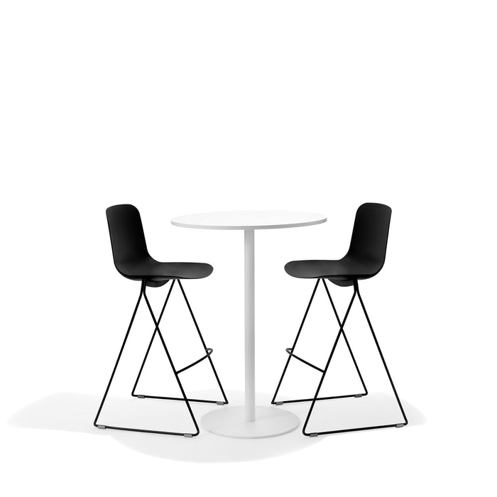 Two modern black bar stools with white table on a white background. (Black)