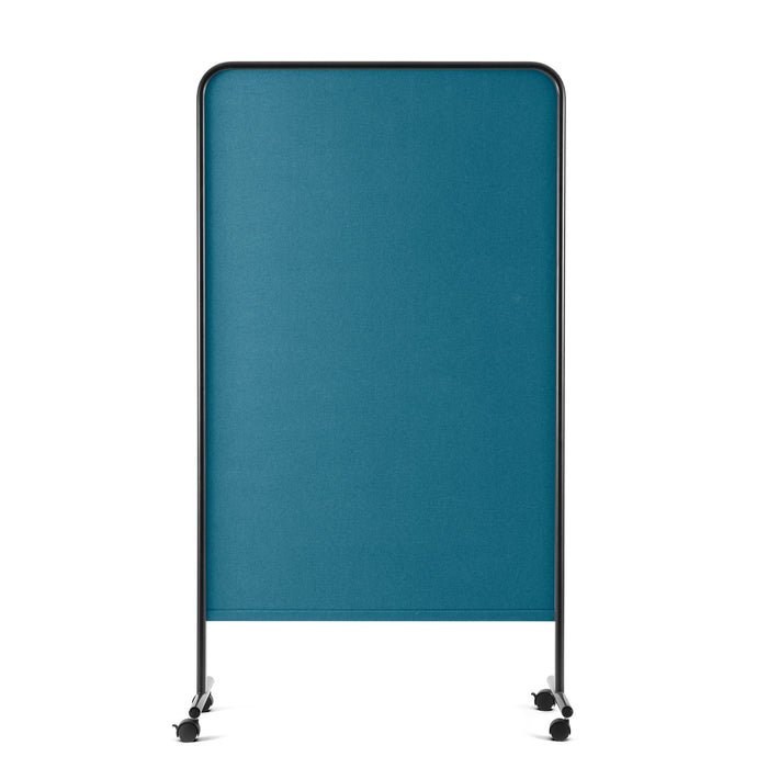 Blue mobile partition on wheels against a white background. (Black-Teal)
