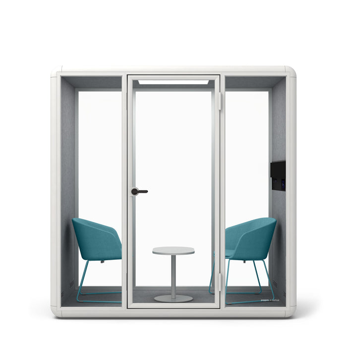 Modern office pod with glass doors, teal armchairs, and white table on white background. (Blue)