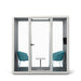 Modern office pod with glass doors, teal armchairs, and white table on white background. (Blue)