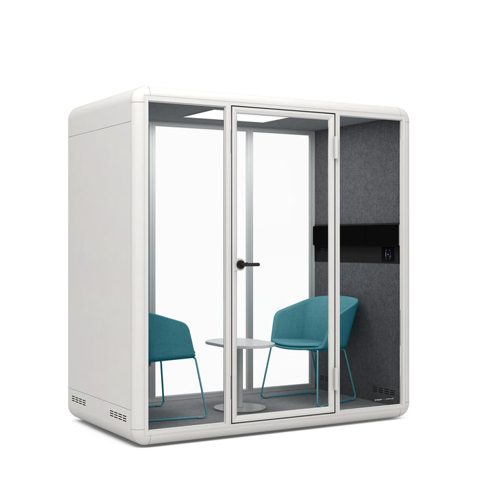 Modern office pod with glass doors and two blue chairs on white background. (Blue)