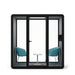 Modern glass phone booth office pod with teal armchairs and white table on white background. (Blue)