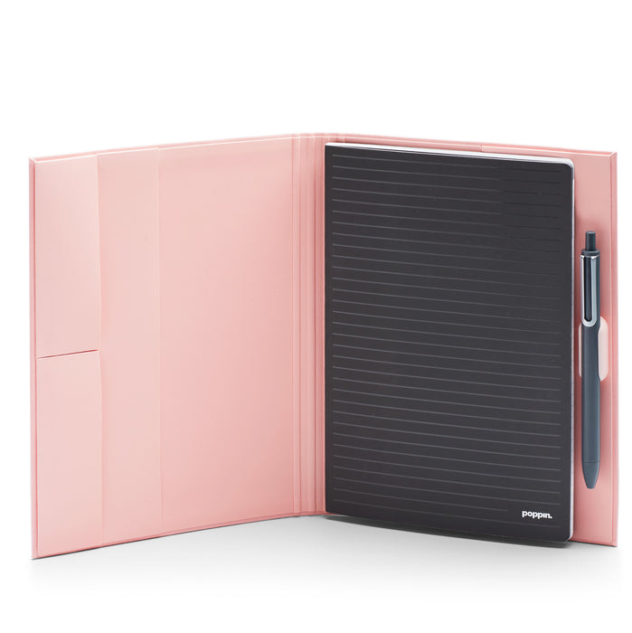 Pink Poppin folder with notepad and pen on white background. (Blush)