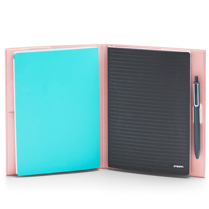 Open pink planner with aqua blue notepad and black solar calculator with stylus (Blush)
