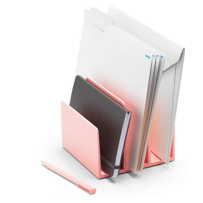 Desk organizer with folders, a tablet, and a stylus on a white background. (Blush)