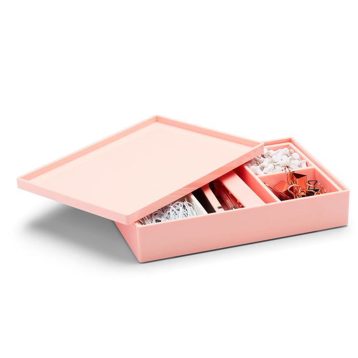 Elegant pink gift box with white filling and rose gold accessories on white background. (Blush)
