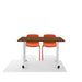 Modern wooden desk with two orange chairs on white background. (Brick)