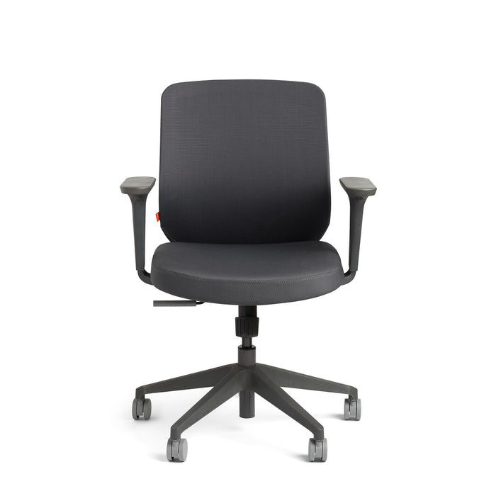 Modern ergonomic office chair with adjustable armrests on a white background. (Dark Gray)